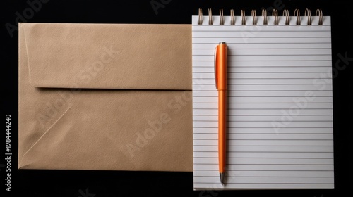 Brown kraft envelope with notebook and orange pen on black background, minimalist writing setup.