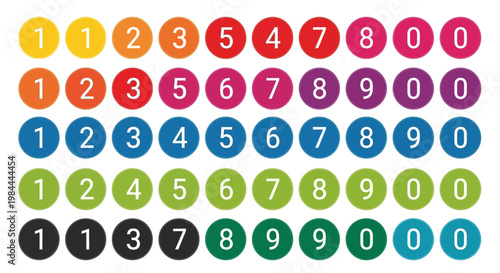 A vibrant collection of colorful circular number icons representing digits from zero to nine across multiple palettes, perfect for digital design and data visualization