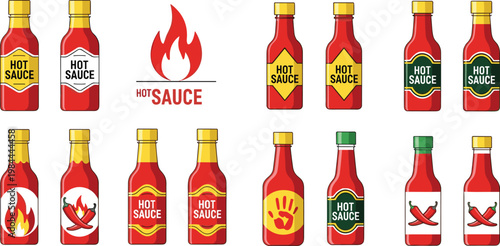 Set of Hot Sauce Bottle Icons with Different Labels, Flames, and Designs for Food, Culinary, and Kitchen Themes