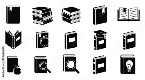 Versatile black and white book icons depicting various aspects of reading, research, and academic achievement, perfect for educational content, library services, and digital learning