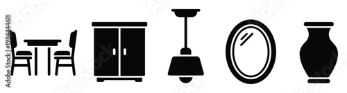 Black silhouettes of household furniture and decor items including a dining set, cabinet, lamp, mirror, and vase for interior design concepts or home furnishing catalogs.