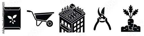 Essential gardening tools and supplies set for urban farm cultivation, organic food growing, and agricultural projects, ideal for app icons or educational resources