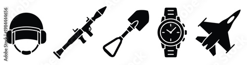 Collection of military equipment and defense industry icons featuring a combat helmet, rocket launcher, entrenching shovel, robust wristwatch, and fighter jet silhouette for securityrelated