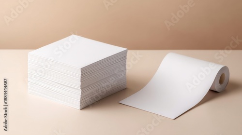 Neat stack of white square papers and a smooth unrolled scroll on a beige background, minimalist and clean.