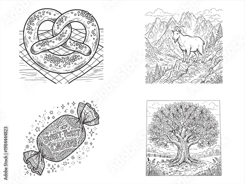 Black and white, vintage illustrations, set of 4, pretzel, candy, goat, tree, line art