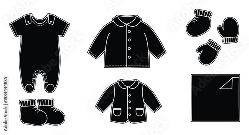 Collection of infant clothing and accessories including a romper, shirts, mittens, booties, and a blanket, suitable for newborn care, nursery decoration, and baby product advertising.