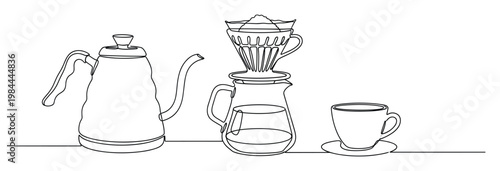A single line illustration depicting pour over coffee equipment including a gooseneck kettle, coffee dripper, carafe, and cup, useful for minimalist beverage marketing and decor.