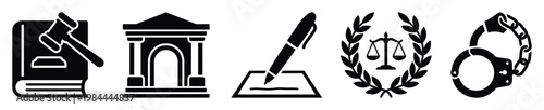 Comprehensive collection of legal system icons including gavel, court building, signing document, justice scales, and handcuffs for judiciary related presentations and educational materials