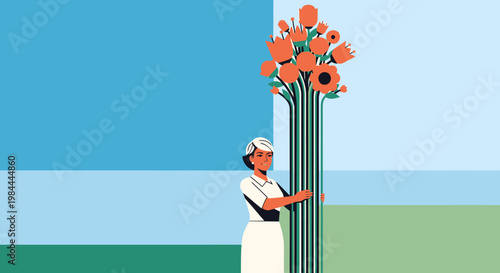 Woman holding a bouquet of flowers.