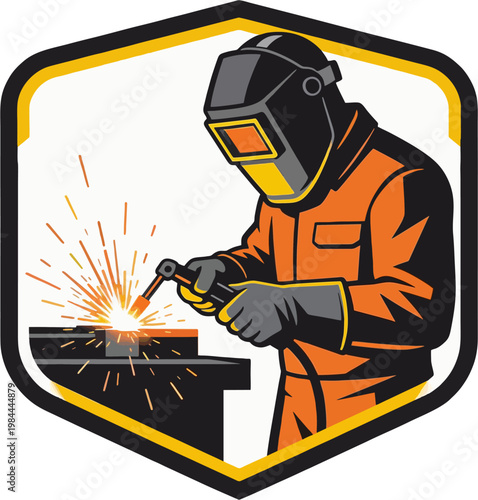 Modern Industrial Welder Logo Badge with Worker in Safety Helmet and Orange Uniform Welding Metal with Sparks — Hexagon Shield Emblem Design
