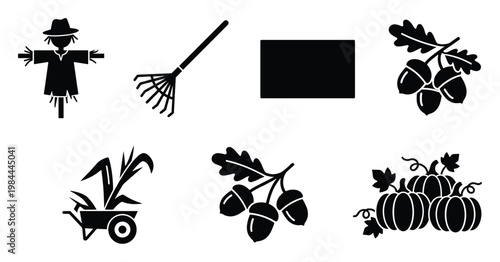 Charming autumn harvest and gardening glyph icons depicting a scarecrow rake acorns wheelbarrow with foliage and pumpkins ideal for seasonal designs decorations and web elements
