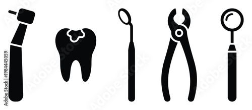 Essential dental equipment and tooth with cavity icons representing professional oral care services and educational health information for medical and dentistry resources