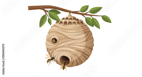 Round Paper Wasp Nest on Branch with Flying Insects Vector