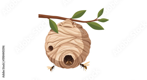 Wasp Nest Hanging from Tree Branch with Wasps Vector Illustration