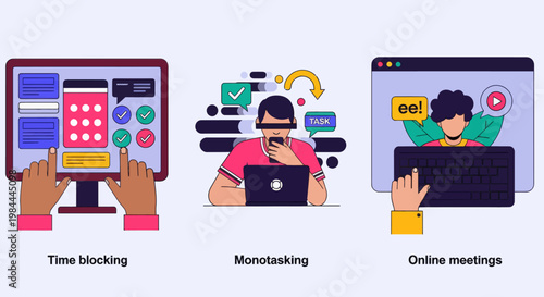 Illustration set featuring time blocking, focused work (monotasking), and virtual meetings for efficient freelance work and communication.