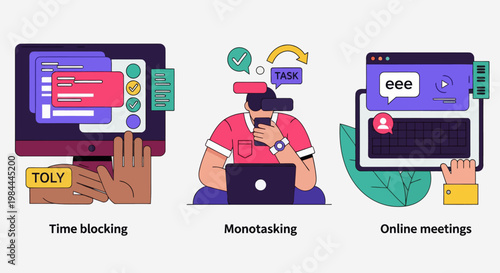 Illustration set featuring time blocking, focused work (monotasking), and virtual meetings for efficient freelance work and communication.