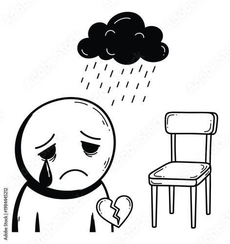 Depressed stick figure with a broken heart crying under a dark rain cloud next to an empty chair symbolizing loneliness and loss for mental health awareness campaigns
