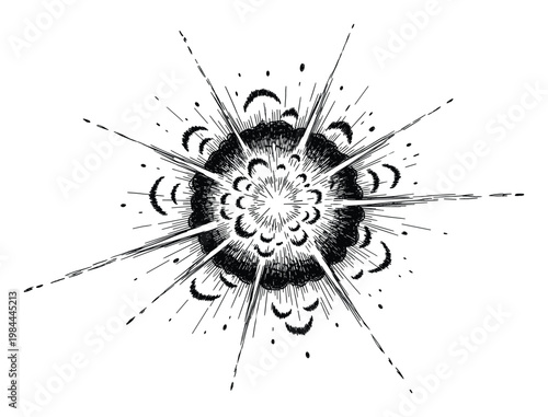 Dynamic black and white burst graphic with radiating lines and cloud elements perfect for creating intense visual statements in digital or print projects