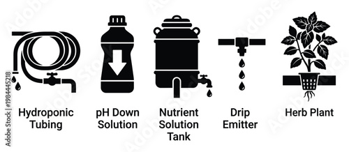 Comprehensive set of essential hydroponic farming equipment icons including tubing, pH solution, nutrient tank, drip emitter, and a thriving herb plant, ideal for agricultural