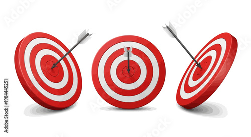 Three red and white target boards with arrows showing accuracy and achievement in business and sports