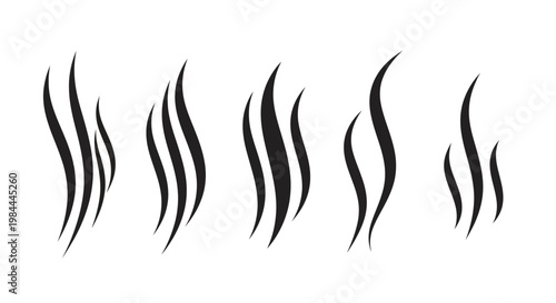 Dynamic collection of abstract wavy lines depicting steam, smoke, aroma, or heat rising, ideal for conveying sensory elements and modern graphic design projects