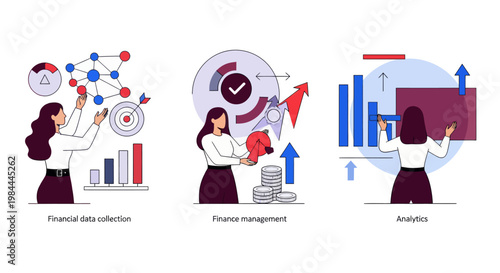 Flat outline illustration showing financial data collection, finance management, and data analytics software with charts, metrics, and data driven business insights.