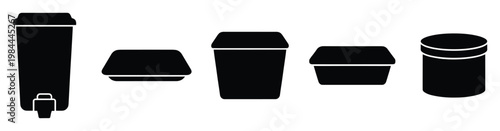 Graphic black icons depicting various beverage dispenser, takeaway food packaging, and storage containers for commercial product presentation or service advertising.