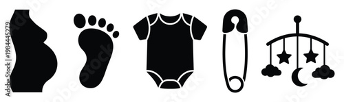 Pregnancy and baby icons set featuring a pregnant mother silhouette, infant footprint, baby onesie, safety pin, and decorative nursery mobile, useful for maternity announcements.