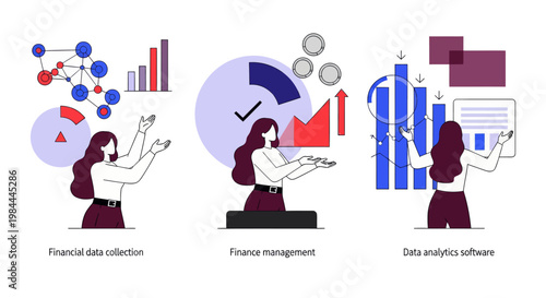 Flat outline illustration showing financial data collection, finance management, and data analytics software with charts, metrics, and data driven business insights.