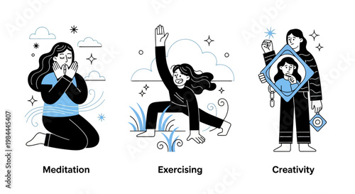 Mental health and psychology concept set. Different mental health problems, psychological disorders, treatment techniques and approaches.