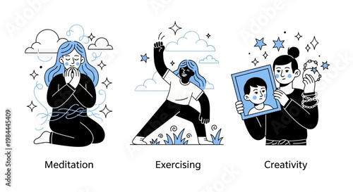 Mental health and psychology concept set. Different mental health problems, psychological disorders, treatment techniques and approaches.