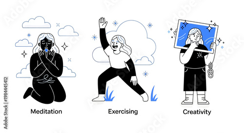 Mental health and psychology concept set. Different mental health problems, psychological disorders, treatment techniques and approaches.