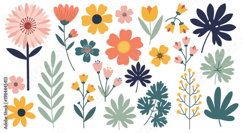 Vibrant and diverse collection of stylized floral and leaf illustrations, perfect for enhancing spring and summer design projects with a fresh, natural aesthetic