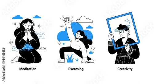 Mental health and psychology concept set. Different mental health problems, psychological disorders, treatment techniques and approaches.