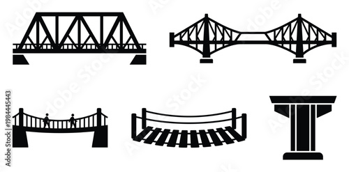Collection of diverse bridge types presented as black silhouettes offering versatile graphical resources for architectural, construction, and transportation themed applications.