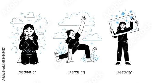 Mental health and psychology concept set. Different mental health problems, psychological disorders, treatment techniques and approaches.