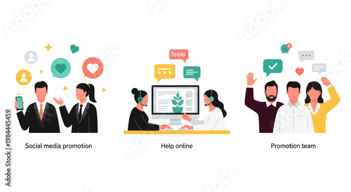 Three modern vector illustrations showing social media marketing, online customer support, and a diverse promotion team working together.