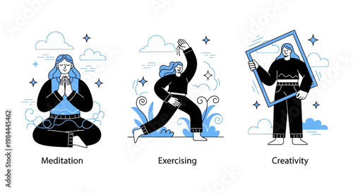 Mental health and psychology concept set. Different mental health problems, psychological disorders, treatment techniques and approaches.