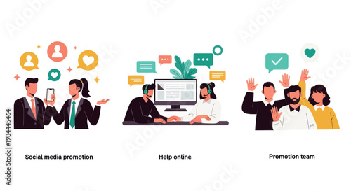 Three modern vector illustrations showing social media marketing, online customer support, and a diverse promotion team working together.