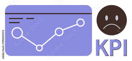 Business analytics, data evaluation, performance management, negative trends, profitability decline, reporting. A declining graph and sad face indicate poor KPI performance. Business analytics