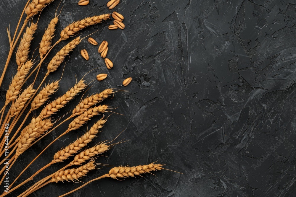 Fototapeta premium Wheat stalks and grains arranged on a textured black backdrop, creating a rustic and natural aesthetic with copy space