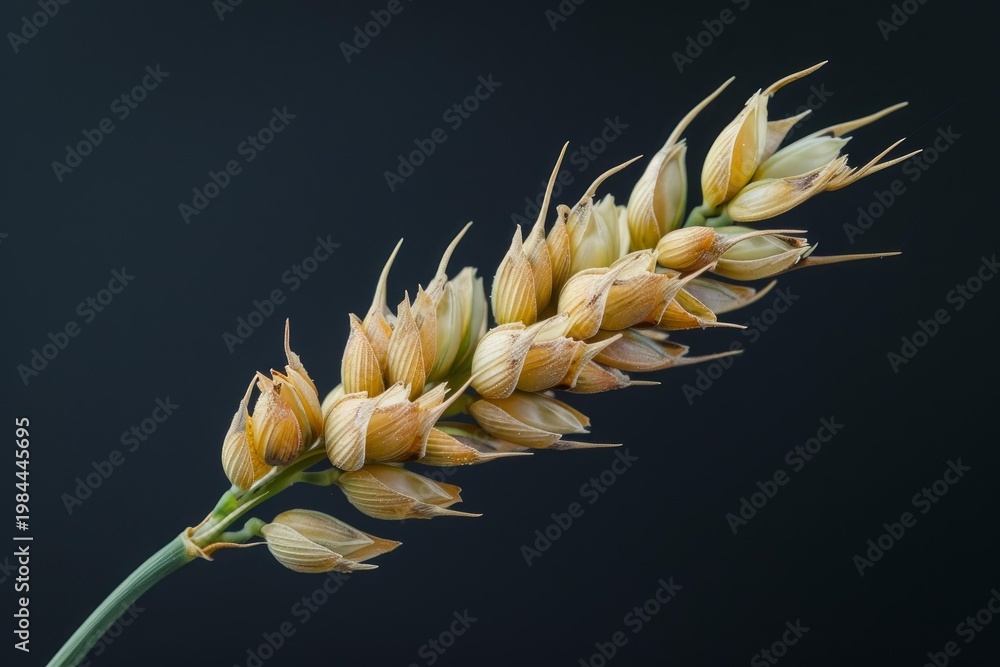 Obraz premium Detailed view of a wheat ear with a dark backdrop