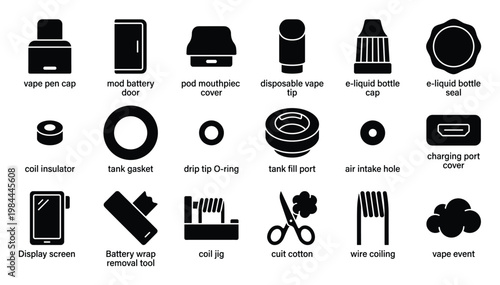 A comprehensive collection of black silhouette icons representing essential components and accessories for vape devices and ecigarettes, useful for industry guides, product catalogs, and