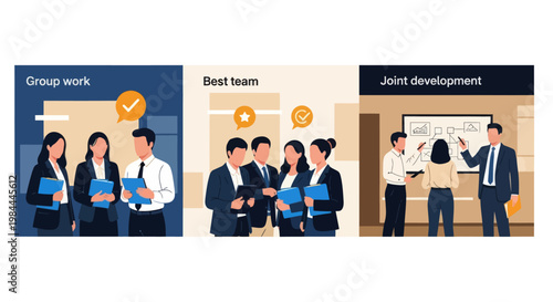 Three vector illustrations showing professionals engaged in teamwork, group planning, and collaborative project development in a business setting.