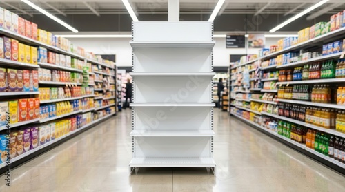 A white supermarket gondola shelving display unit in a retail store for product placement mockup.