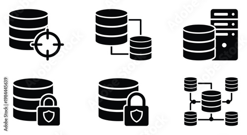Database management system icons illustrating data storage, security, targeting, and distributed network architectures for technology, cloud computing, and IT infrastructure applications