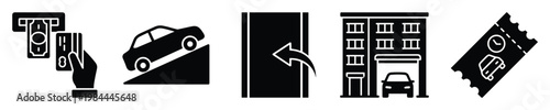 Essential car parking services icon set featuring payment methods, vehicle access, multistory garage facilities, and parking tickets, useful for user interfaces, web applications, and