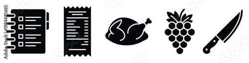 Essential kitchen and grocery shopping glyph icons featuring a checklist, receipt, whole roasted chicken, fresh grapes, and a sharp knife, ideal for culinary websites and meal planning