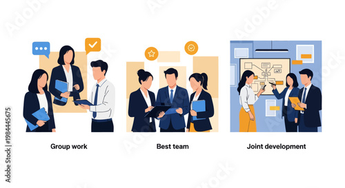 Three vector illustrations showing professionals engaged in teamwork, group planning, and collaborative project development in a business setting.