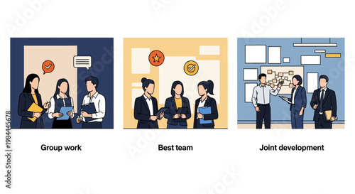 Three vector illustrations showing professionals engaged in teamwork, group planning, and collaborative project development in a business setting.